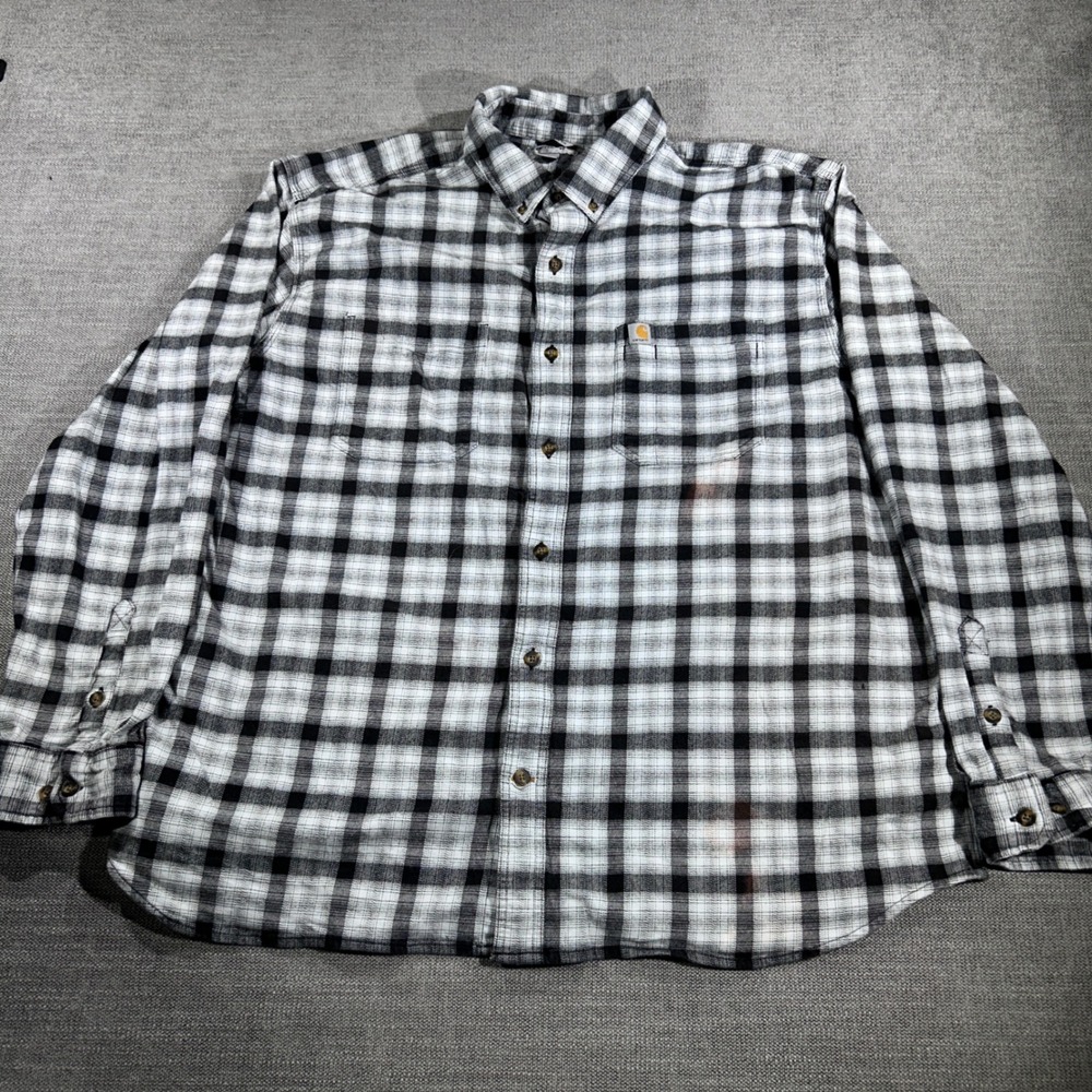 Carhartt Flannel Shirt Mens 2XL Black White Good Buffalo Plaid Relaxed Fit